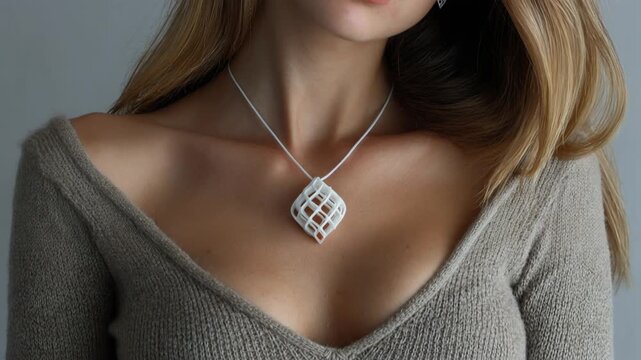 Beautiful blonde woman with natural makeup posing with a modern necklace and earrings against a grey background