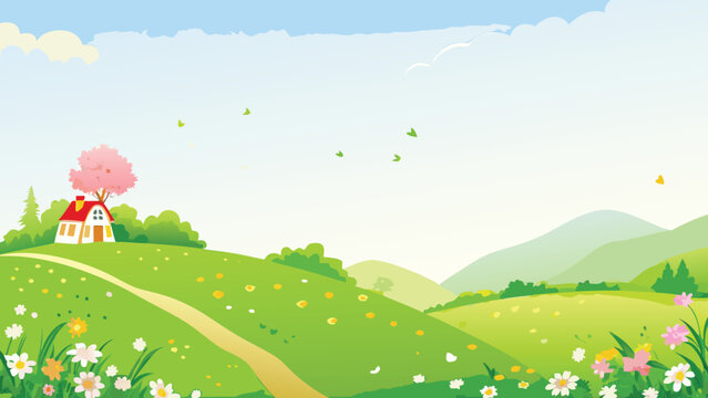 idyllic countryside landscape with a small house and rolling hills