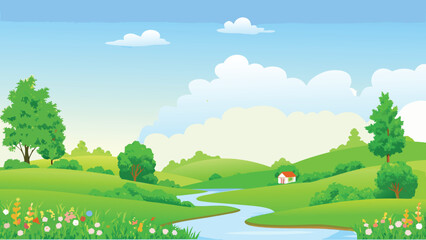 idyllic countryside landscape with river and green rolling hills © PUNNABEGUM