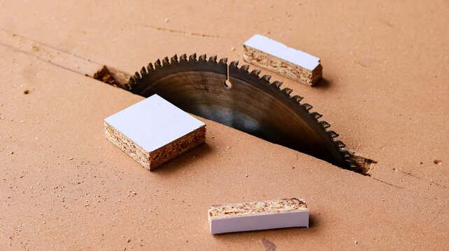 Close-up of a circular table saw blade cutting through laminated chipboard in a carpentry workshop