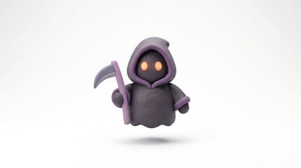 Fototapeta premium Hooded grim reaper figure holding scythe floating on white background 3D render claymation style plasticine art