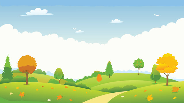 cartoon landscape with rolling hills and autumn trees