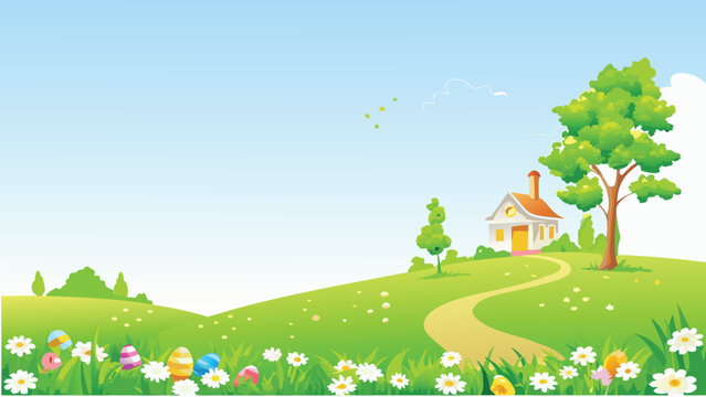 idyllic countryside landscape with cottage and easter eggs
