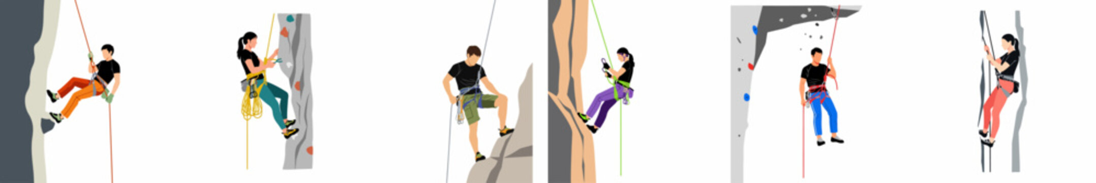 Set of illustrations depicting men and women rock climbing and rappelling on various rock faces and indoor walls.