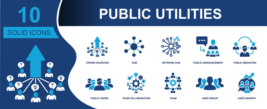Public utilities icon set. Containing crowd sourcing, hub, network hub, announcement, mediation, public users, team collaboration, user group, user growth and more. Solid fill vector icons.