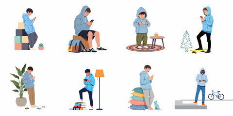 Fototapeta premium Flat vector illustration set of young boys and teenagers in blue hoodies using smartphones and digital devices in different life situations.