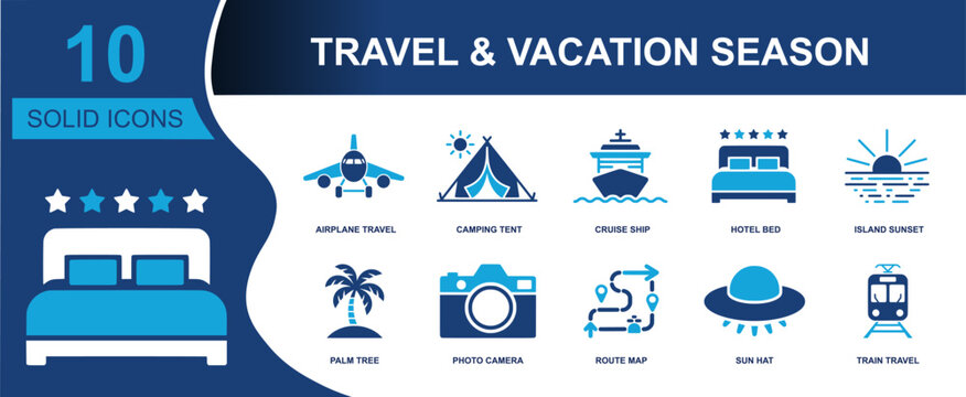 Travel and vacation icon set. Containing airplane, camping tent, cruise ship, hotel bed, island sunset, palm tree, photo camera, route map, sun hat, train and more. Solid fill vector icons.