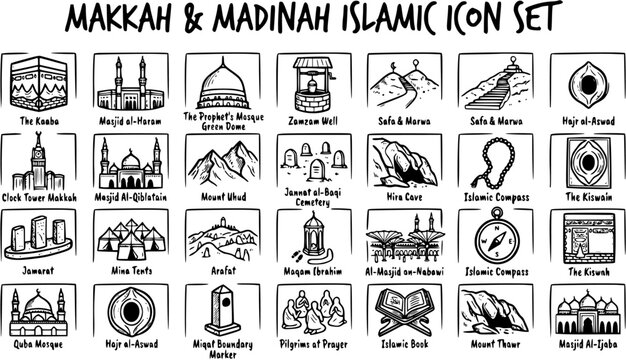 Makkah  Madinah Islamic Pilgrimage Icon Set - Black  White Hand Drawn Line Art Symbols of Hajj  Umrah Landmarks and Religious Elements
