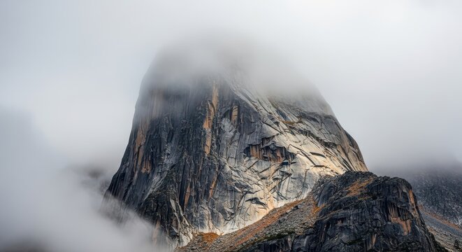 Ancient weathered granite peak standing silently under a heavy mist, symbolizing the slow, deliberate pace of geological time, high, fog, vast