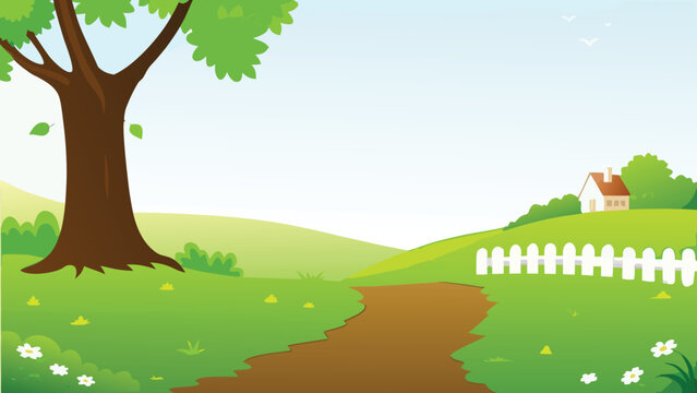 cartoon landscape with tree house and winding path