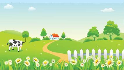 idyllic countryside landscape with cow and white picket fence © PUNNABEGUM