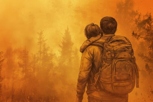 Father carries child through fiery forest in hand-drawn sketch