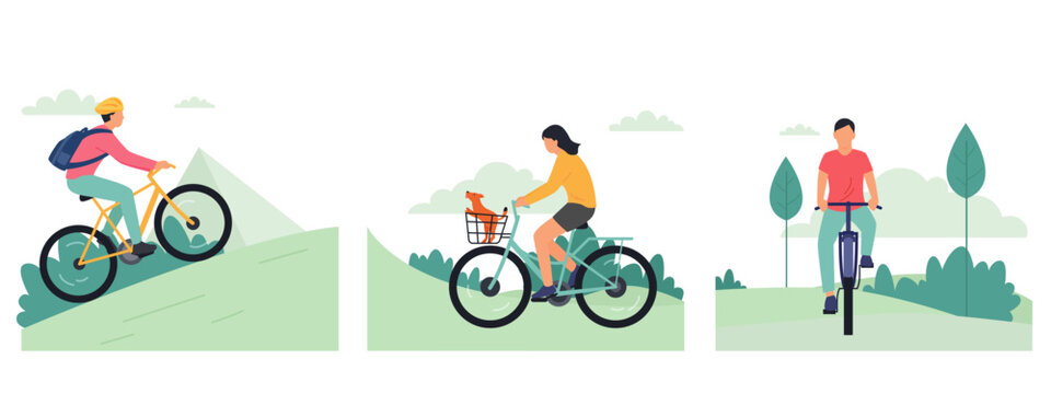 Flat vector people riding bicycles in nature, active cyclists on mountain bikes and city cycles, set of 3 outdoor cycling illustrations for eco-travel