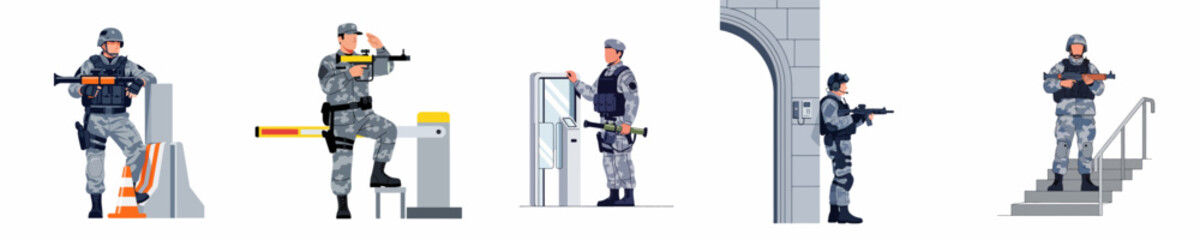 Fototapeta premium Set of flat vector illustrations depicting soldiers and security guards on duty at checkpoints, metal detectors, and building entrances.