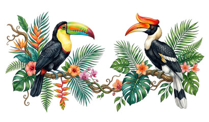 Tropical toucan and hornbill bird illustration vector isolated on white background © MDRahul