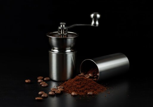 Freshly ground dark roast coffee beans ready for brewing, presented with a sleek, polished silver hand grinder on a deep black tabletop, ingredient, roasted, hardware