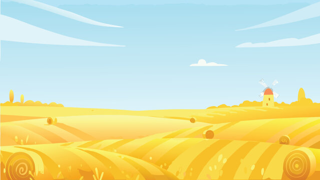 wheat field landscape with windmill and blue sky illustration