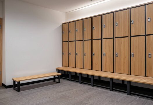 Clean and modern locker room interior with wooden lockers and benches