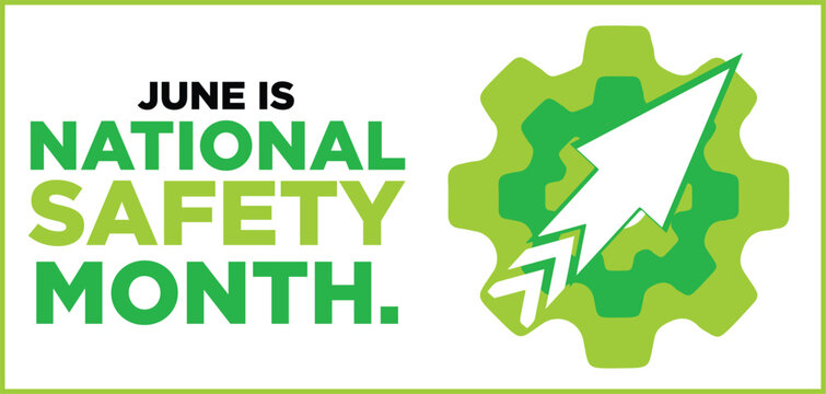 National safety month typographic poster design featuring a bold green gear icon and rising arrow symbol for corporate industrial awareness and workplace compliance training programs