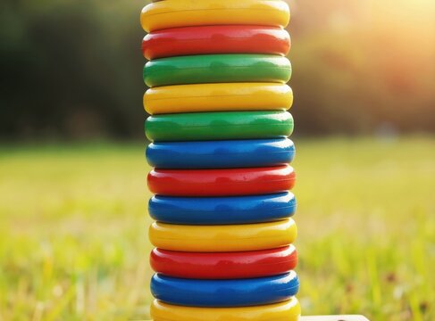Colorful ring toss game stacked high outdoors on green grass. Children play with rings in backyard, summer fun. Wooden toy activity for kids leisure.