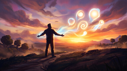 Fototapeta premium Man standing on a hilltop with outstretched arms releasing magical glowing wisps into a vibrant sunset, conceptual illustration for fatherhood, spiritual guidance, and inspiration.
