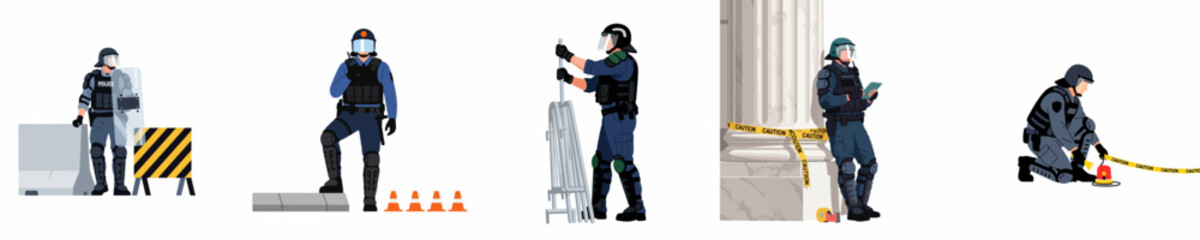 Obraz premium Flat vector illustrations of police officers in tactical riot gear performing crowd control, setting up barriers, and securing public areas with caution tape.