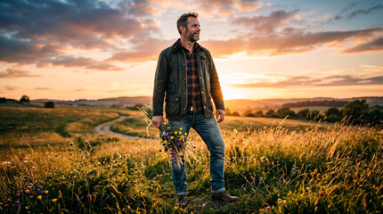 Fototapeta premium Mature man holding bouquet of wildflowers in sunset meadow, Father's Day concept, peaceful rural lifestyle, rugged gentleman in countryside at golden hour, nature appreciation.