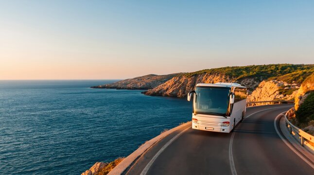 White tour bus travels along winding road beside ocean during beautiful sunset, with golden light illuminating landscape.
