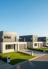 Fototapeta premium Rows of contemporary family houses featuring uniform architecture, expansive green lawns, paved driveways, and quiet residential roads, asphalt, structure, green