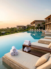 Obraz premium Luxury Infinity Pool Lounge at Sunset with Tropical Resort View