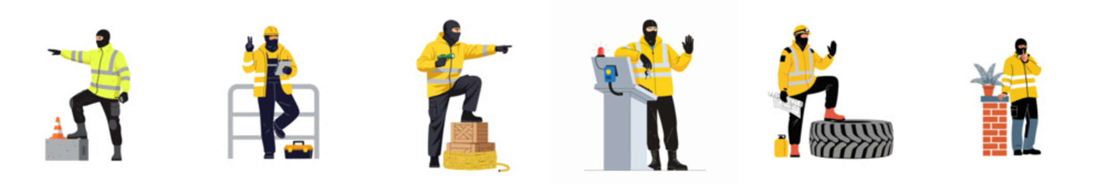 Collection of characters in high-visibility safety jackets and black balaclavas, depicted in various professional and industrial poses with diverse equipment.
