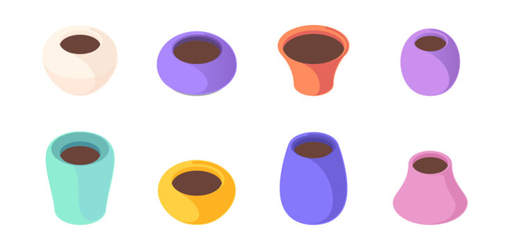 Plant pots collection filled with soil. Vector isolated isometric flowerpots or cachepots set. Planting and growth potential, gardening start and nature preparation. Botanical objects for cultivation