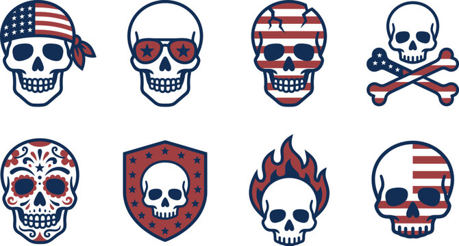 American flag skulls and crossbones with various designs and patterns