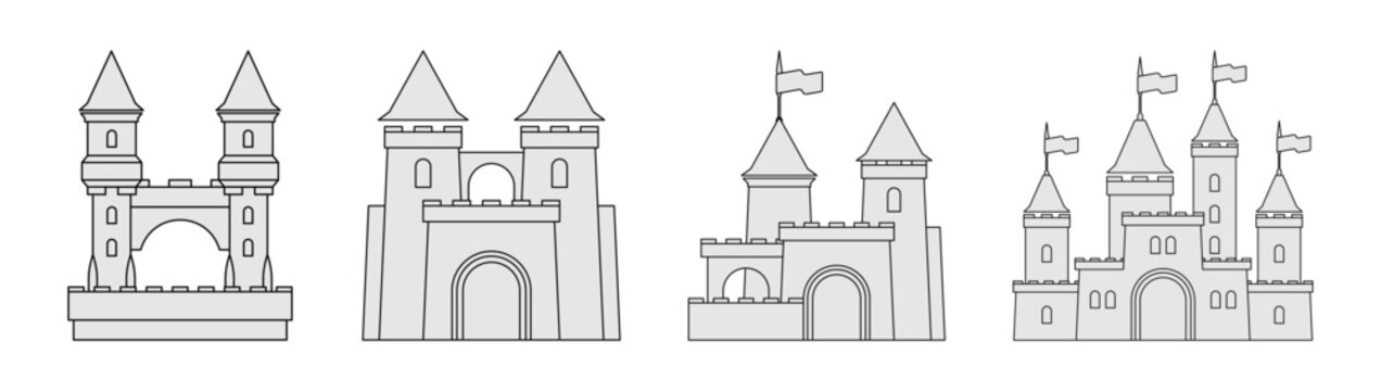 Fortified castle structures set. Vector isolated medieval buildings in outline monochrome style. Gatehouses, towers and fortress walls with flags. Game maps and branding, educational visuals layouts