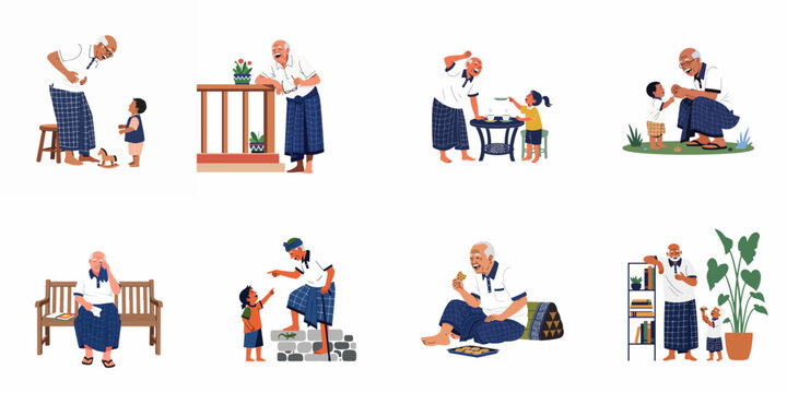 Set of illustrations featuring a happy grandfather bonding and interacting with his grandchildren in various heartwarming daily life scenes.
