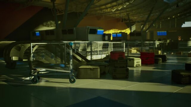 overnight checkin area with stacked carts and idle counters, low ambient light creating long reflections on glossy tiles, quiet maintenance scene suggesting