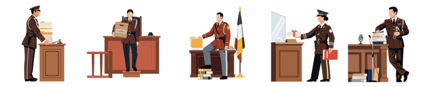Set of Court Bailiffs and Police Officers in Brown Uniforms Handling Evidence and Documents in a Courtroom Setting