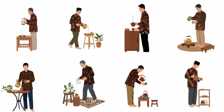 Collection of Indonesian men in traditional batik shirts pouring tea or coffee, showcasing cultural heritage and hospitality in a flat vector style.