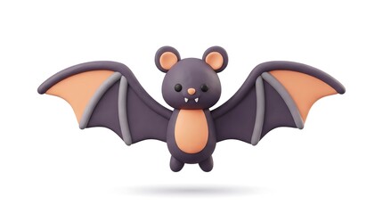Cartoon purple bat character flying wings spread on white background professional 3D render clay texture