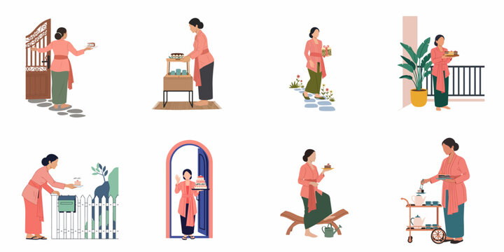 Vector illustrations of a woman in traditional Indonesian kebaya sharing Lapis Legit cake and tea in various scenes, representing hospitality and culture.