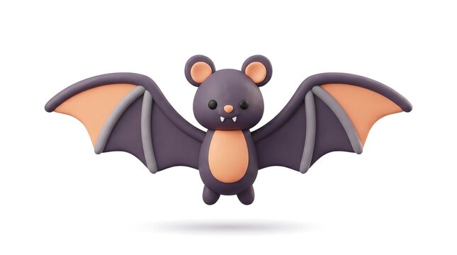 Cartoon purple bat character flying wings spread on white background professional 3D render clay texture