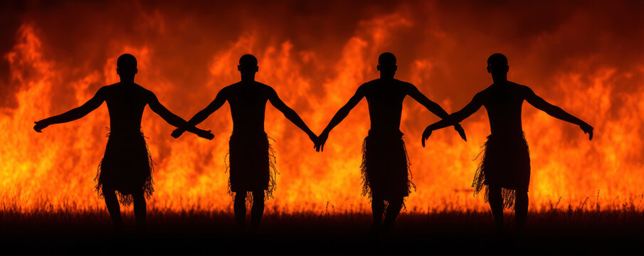 Traditional dance bonfire silhouette night ritual tribal celebration firelight dancer culture around roaring bonfire night, silhouetted dancers
