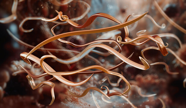 Ascaris lumbricoides, human intestinal parasitic roundworm. Helminth and nematode infection in the digestive system. Ascariasis disease, gastrointestinal parasite, parasitology, diagnosis, treatment