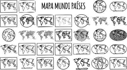 Hand-drawn Black and White Line Art World Map and Globe Icons Collection for Geography, Travel, Education, and Global Themes © victoria