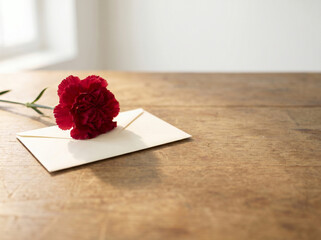Obraz premium Red Carnation on Envelope with Warm Natural Light and Wooden Table