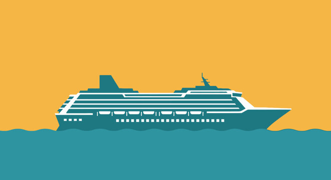 Large cruise ship gliding across turquoise sea under a warm orange sunset sky.