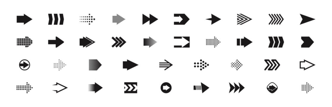Line arrow symbols. Vector isolated collection of navigation, direction and movement icons for web interface, infographic or app design. Graphics element set showing direction to right