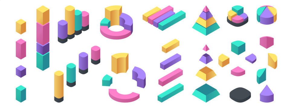 Isometric graph constructor with isolated parts of diagrams. Vector isolated circular, bar and stepped charts. Structured data, analytics and visualization. Dashboards, reports and infographics