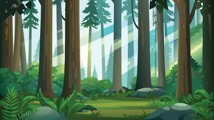 lush forest scene with tall trees vector illustration © PUNNABEGUM