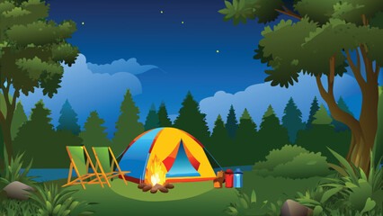 camping scene with tent and campfire at dusk illustration © PUNNABEGUM